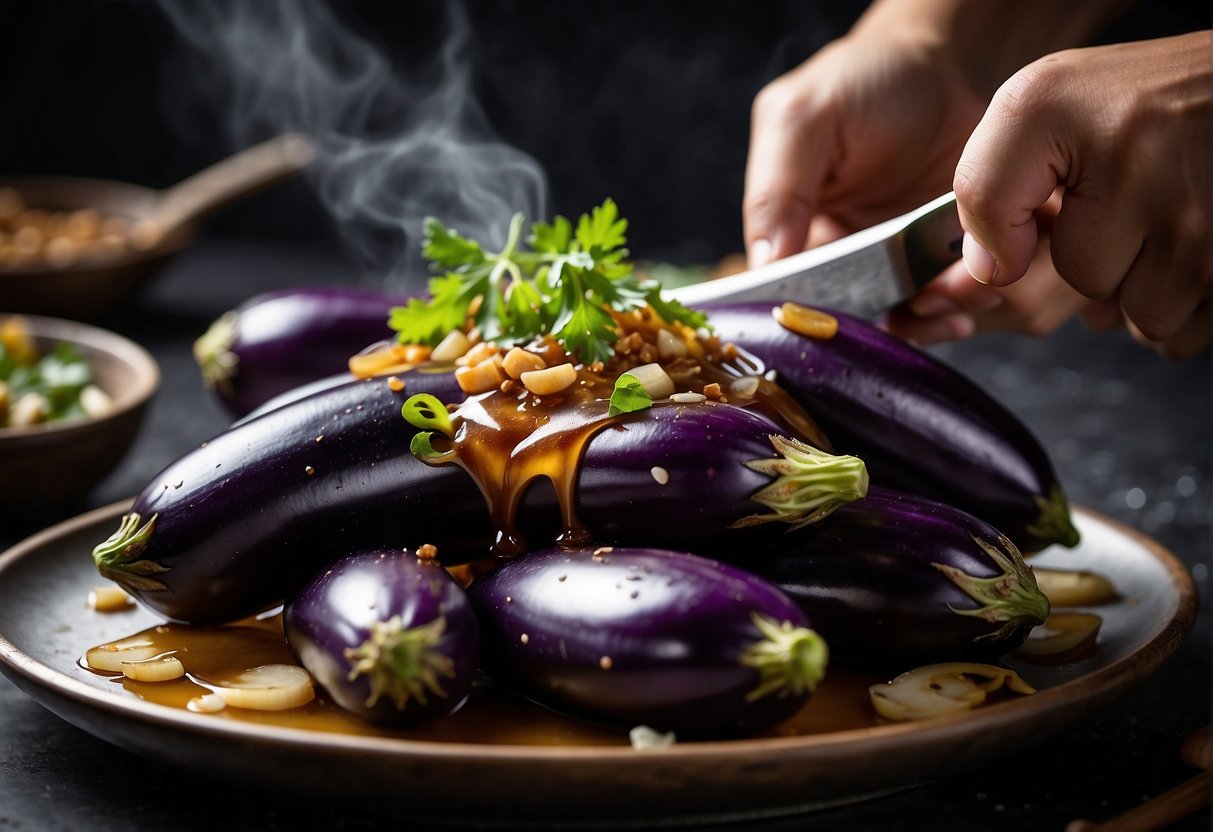 Eggplants being sliced and salted, then stir-fried with garlic and soy sauce in a sizzling wok