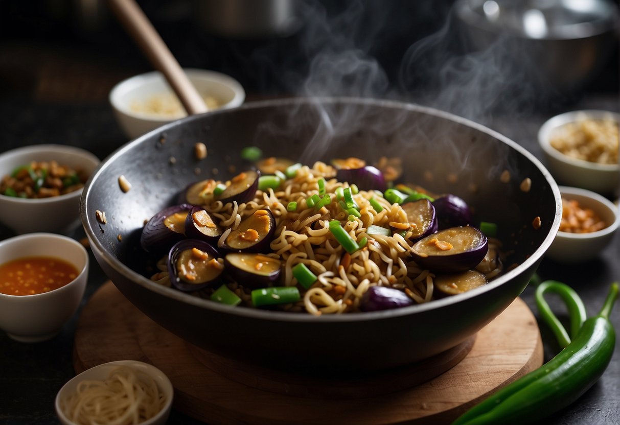 Brinjal being stir-fried in a wok with Chinese seasonings and sauces, surrounded by other ingredients like garlic, ginger, and green onions