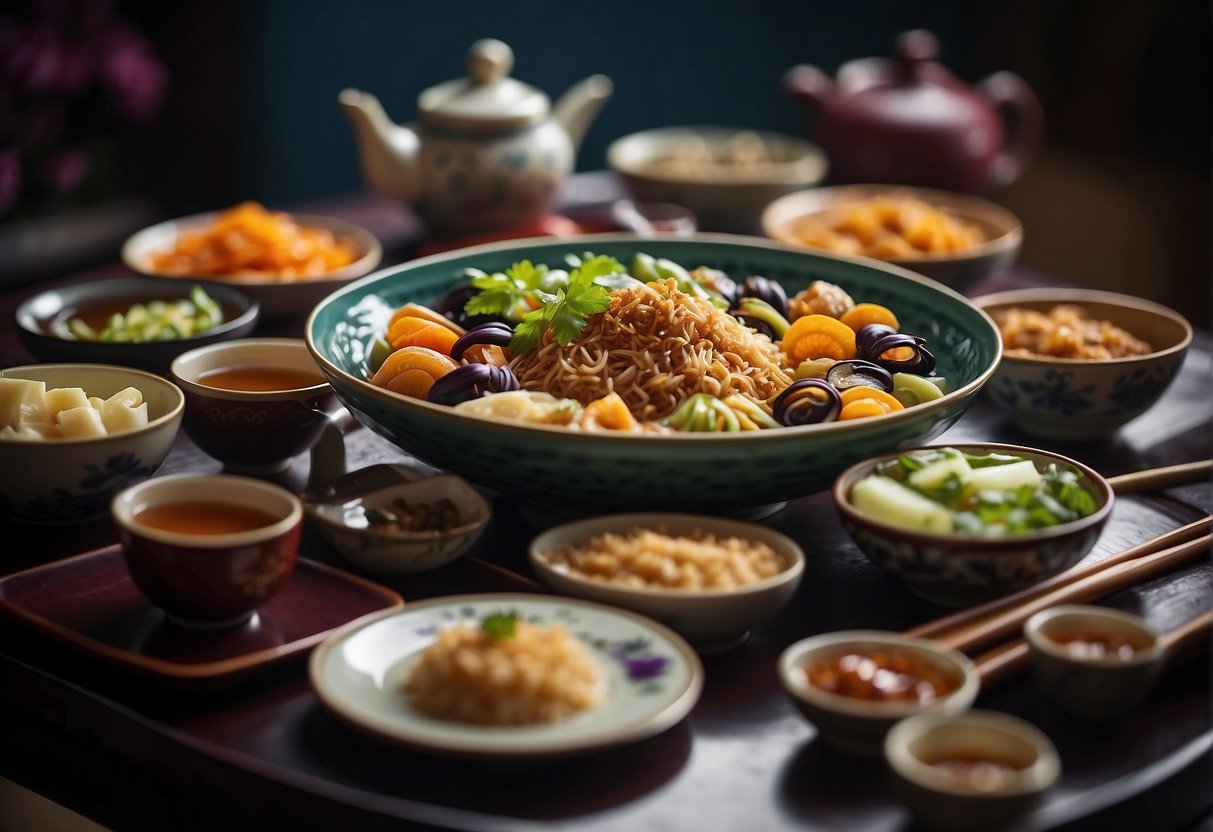 A table set with a colorful array of Chinese brinjal dishes, surrounded by chopsticks and tea