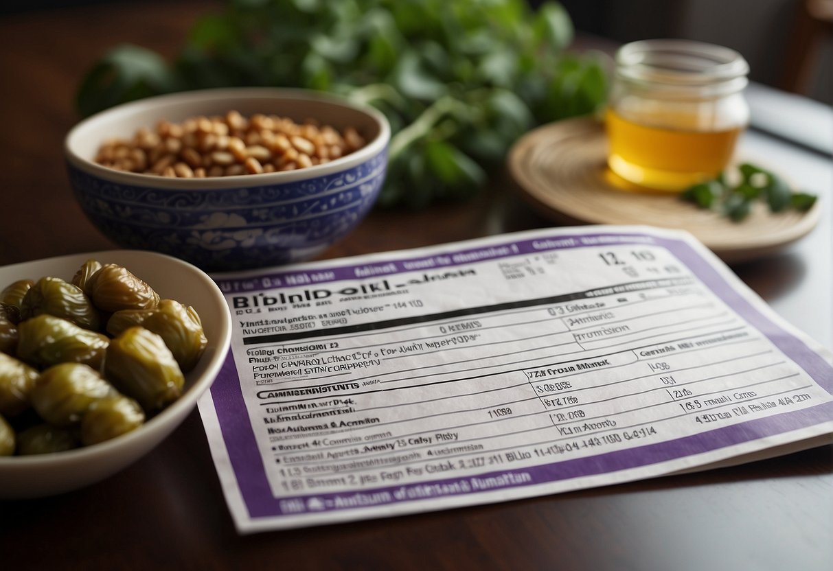 A table with a bowl of Chinese brinjal recipe and a printed nutritional information label next to it