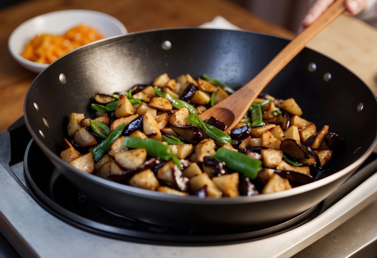 A wok sizzles with diced brinjal, ginger, and garlic. A chef adds soy sauce and sugar, creating a savory aroma. Text "Frequently Asked Questions brinjal recipe chinese" hovers above