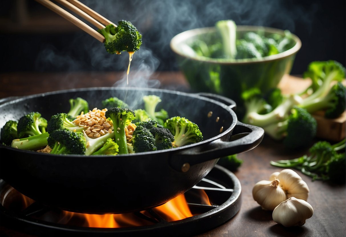 A wok sizzles with stir-fried broccoli, ginger, and garlic. Steam rises as soy sauce and sesame oil are drizzled over the vibrant green vegetables