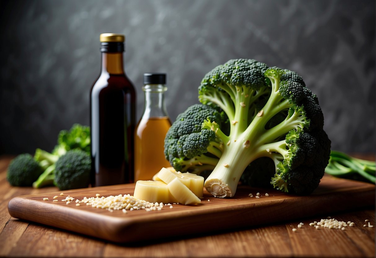 Fresh broccoli, ginger, garlic, and soy sauce arranged on a wooden cutting board. A wok and a bottle of sesame oil in the background