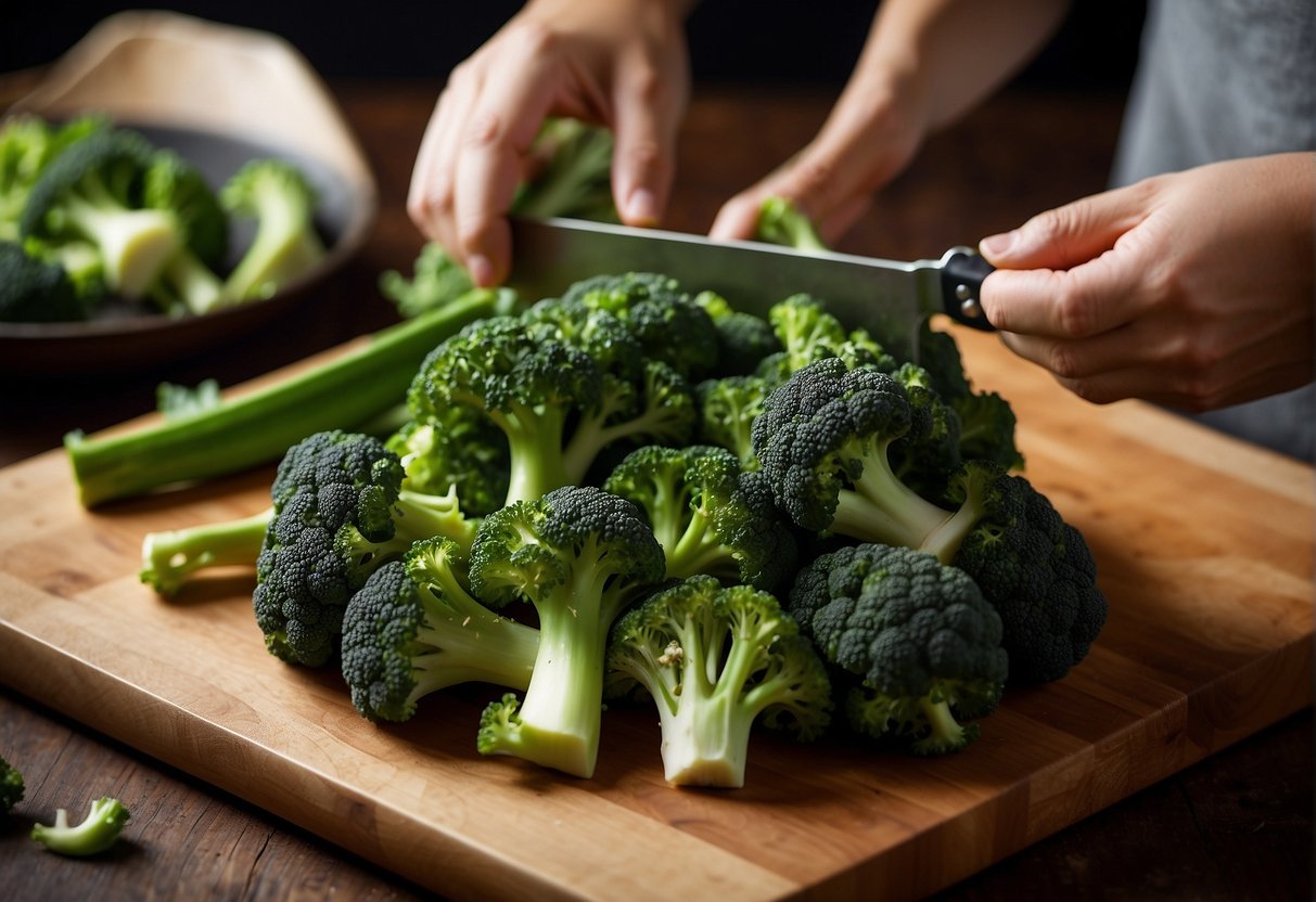 Broccoli is being chopped and marinated in soy sauce and ginger for a Chinese-style recipe. Ingredients like garlic and sesame oil are laid out nearby