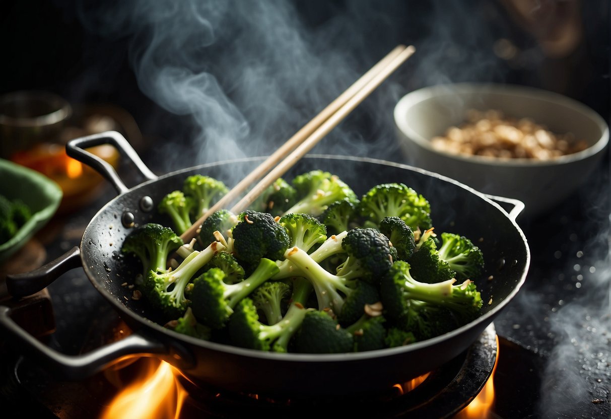 Broccoli pieces stir-fried in a wok with garlic, ginger, and soy sauce. Steam rising from the sizzling vegetables. Chopsticks resting on the edge of the wok