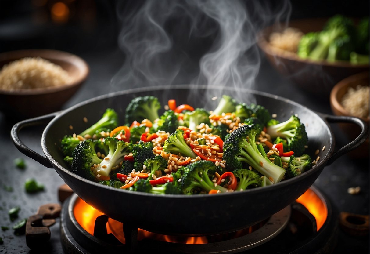 A wok sizzles as vibrant green broccoli florets are stir-fried with garlic, ginger, and soy sauce, releasing an enticing aroma. Red chili flakes add a spicy kick, while sesame oil and a sprinkle of sesame seeds provide a finishing