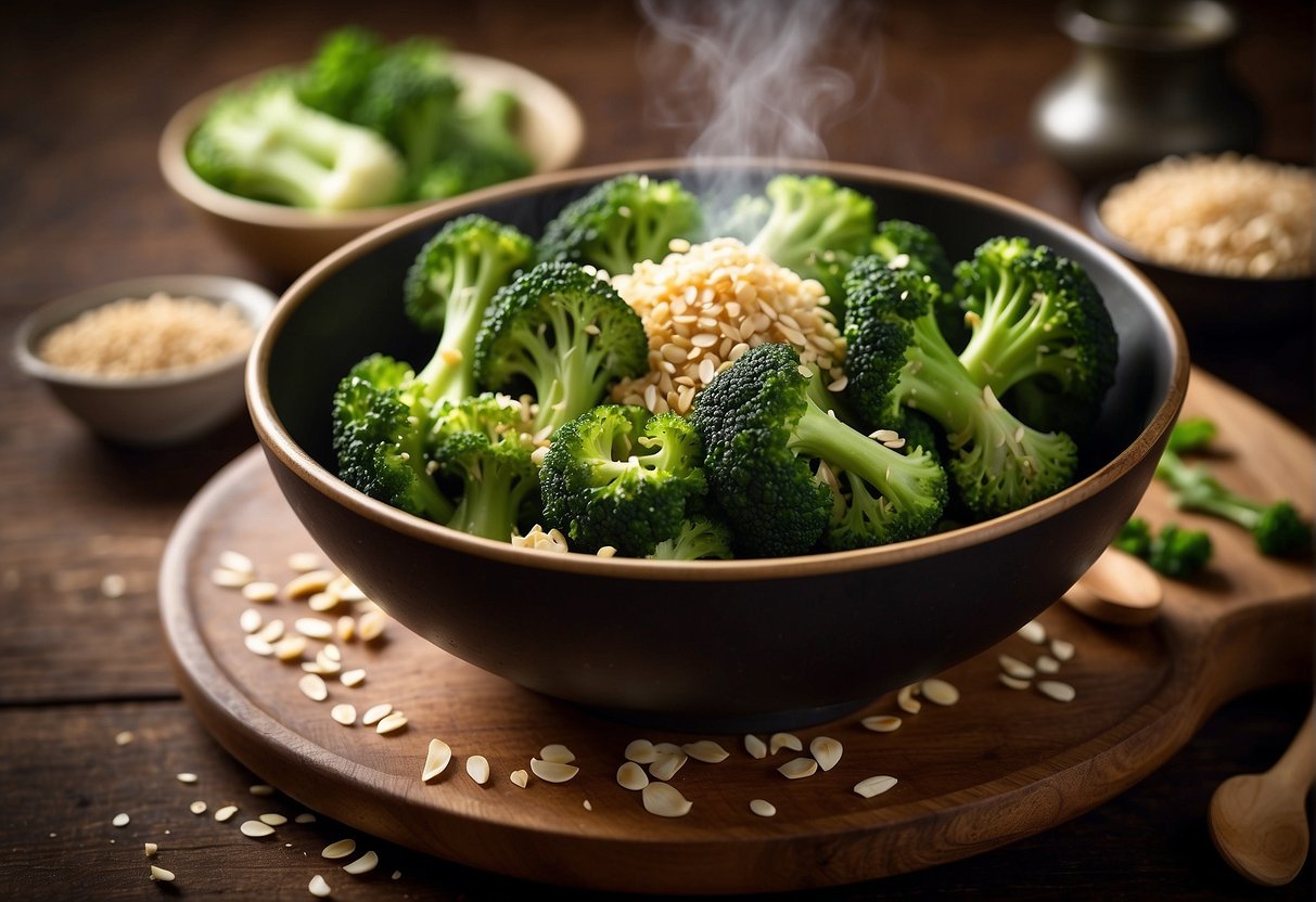 A steaming bowl of stir-fried broccoli with garlic, ginger, and soy sauce, garnished with sesame seeds and chili flakes, on a wooden table