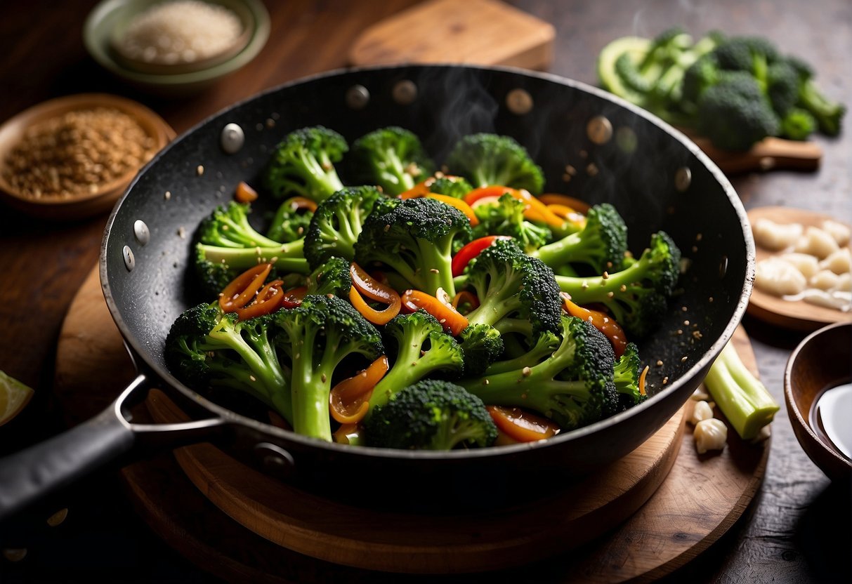 A wok sizzles with vibrant green broccoli stir-frying in a fragrant Chinese sauce, surrounded by ingredients like garlic, ginger, and soy sauce