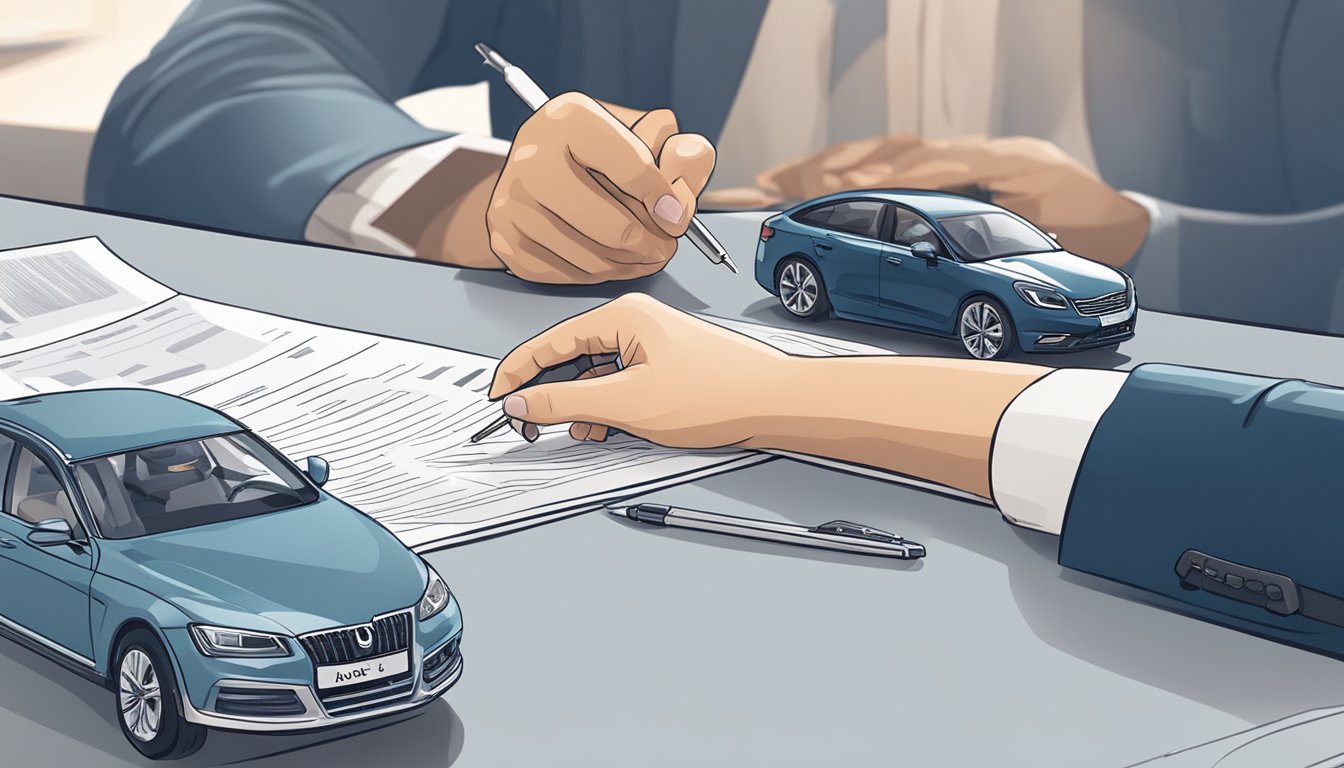 A person signing legal documents to purchase a car from Germany. Papers, pen, and a car key on a desk
