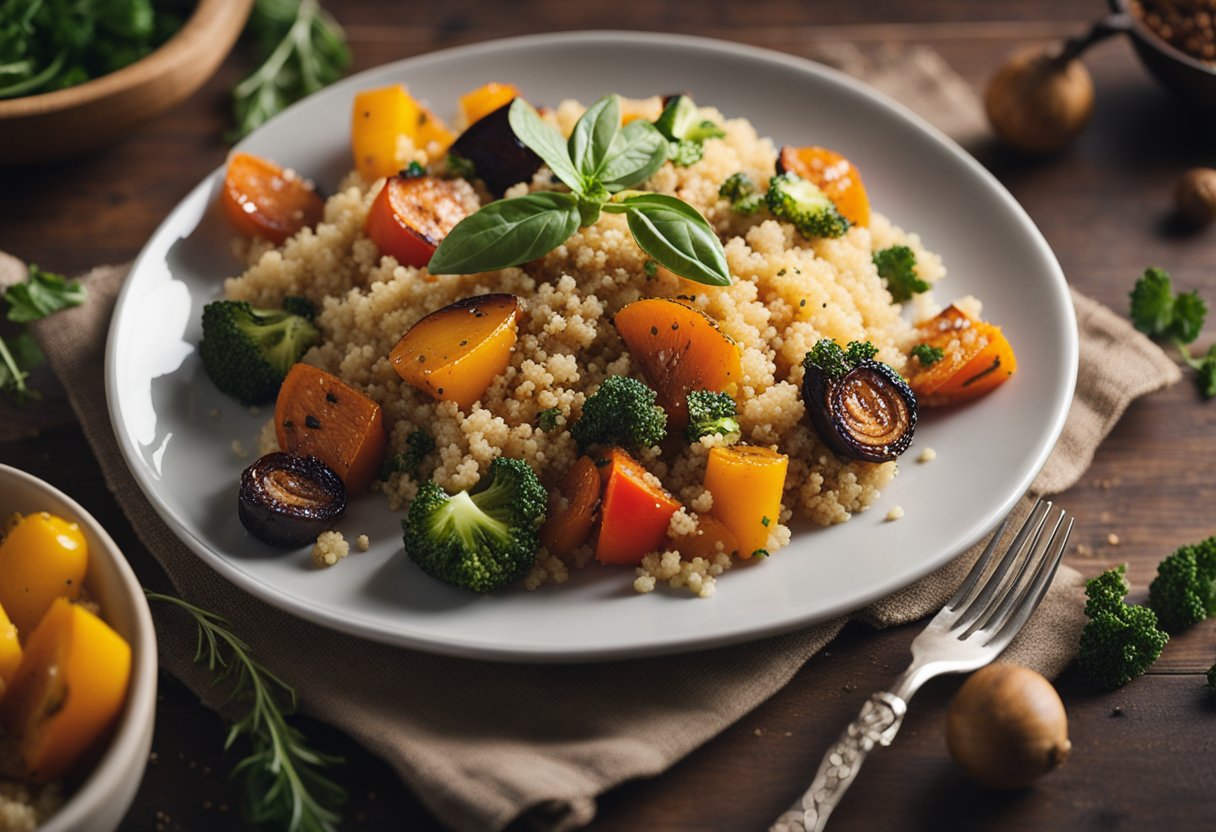 A plate of quinoa and roasted vegetables, with steam rising from the dish