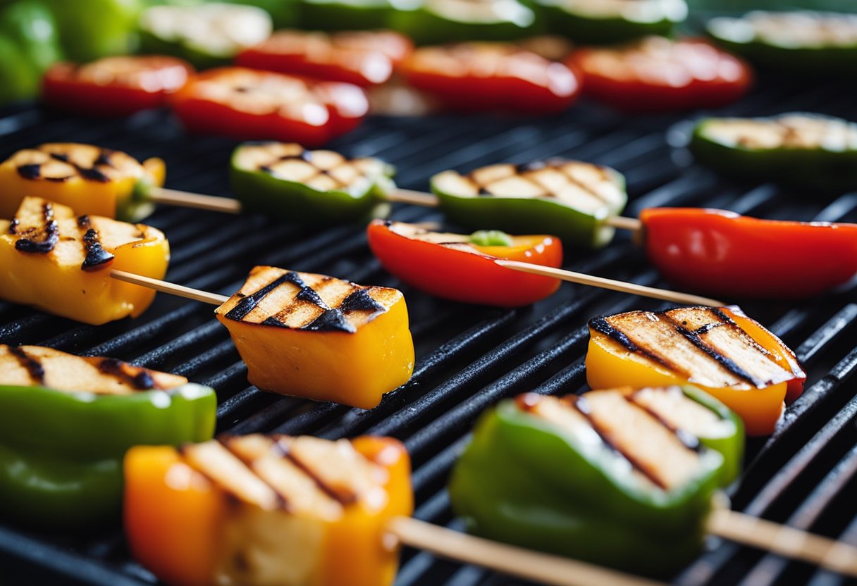 Skewered tofu and colorful bell peppers on a grill