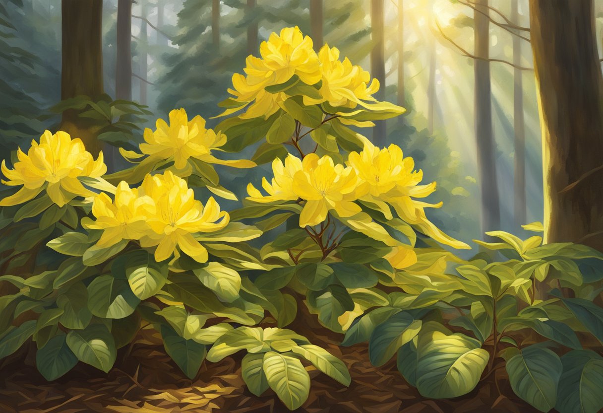Bright yellow rhododendron leaves glow in dappled sunlight, casting a warm and vibrant hue over the forest floor