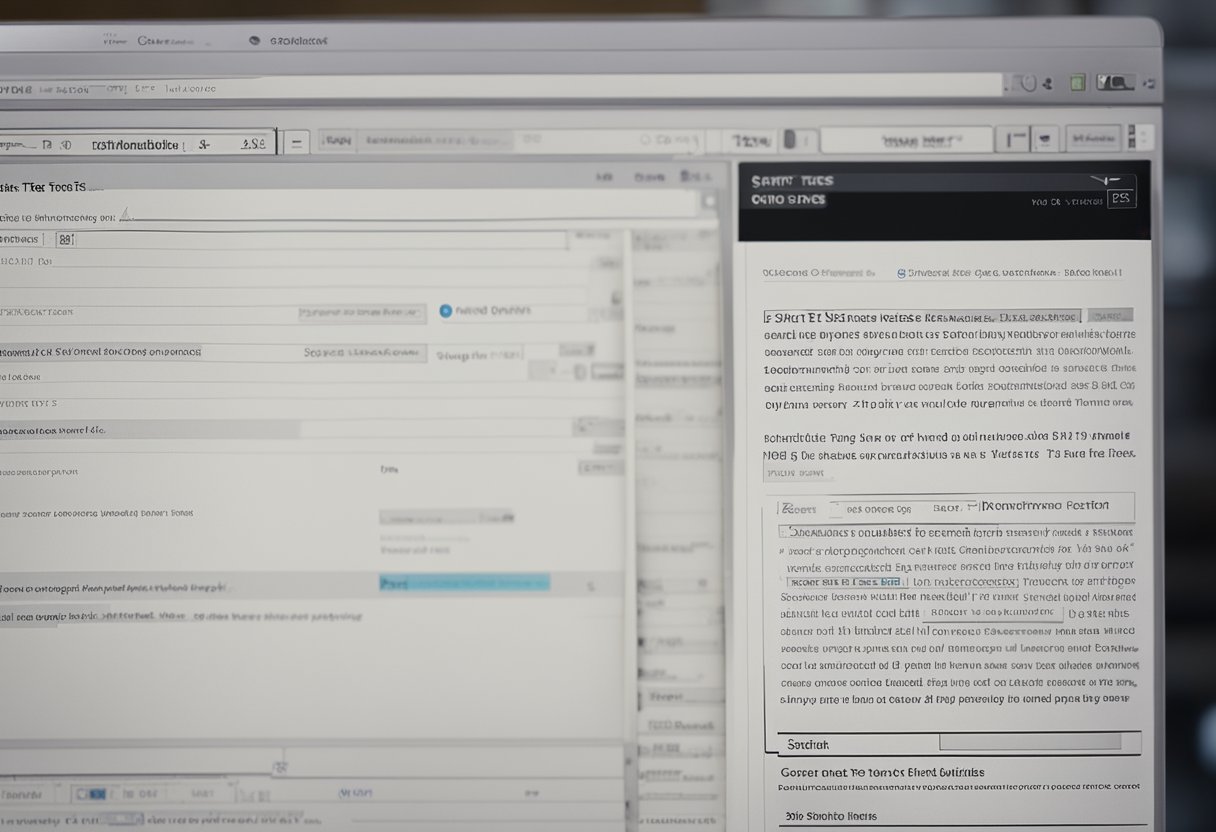 A computer screen displaying two web pages side by side, with a cursor hovering over a button labeled "Start Test." A notepad with scribbled notes sits next to the keyboard