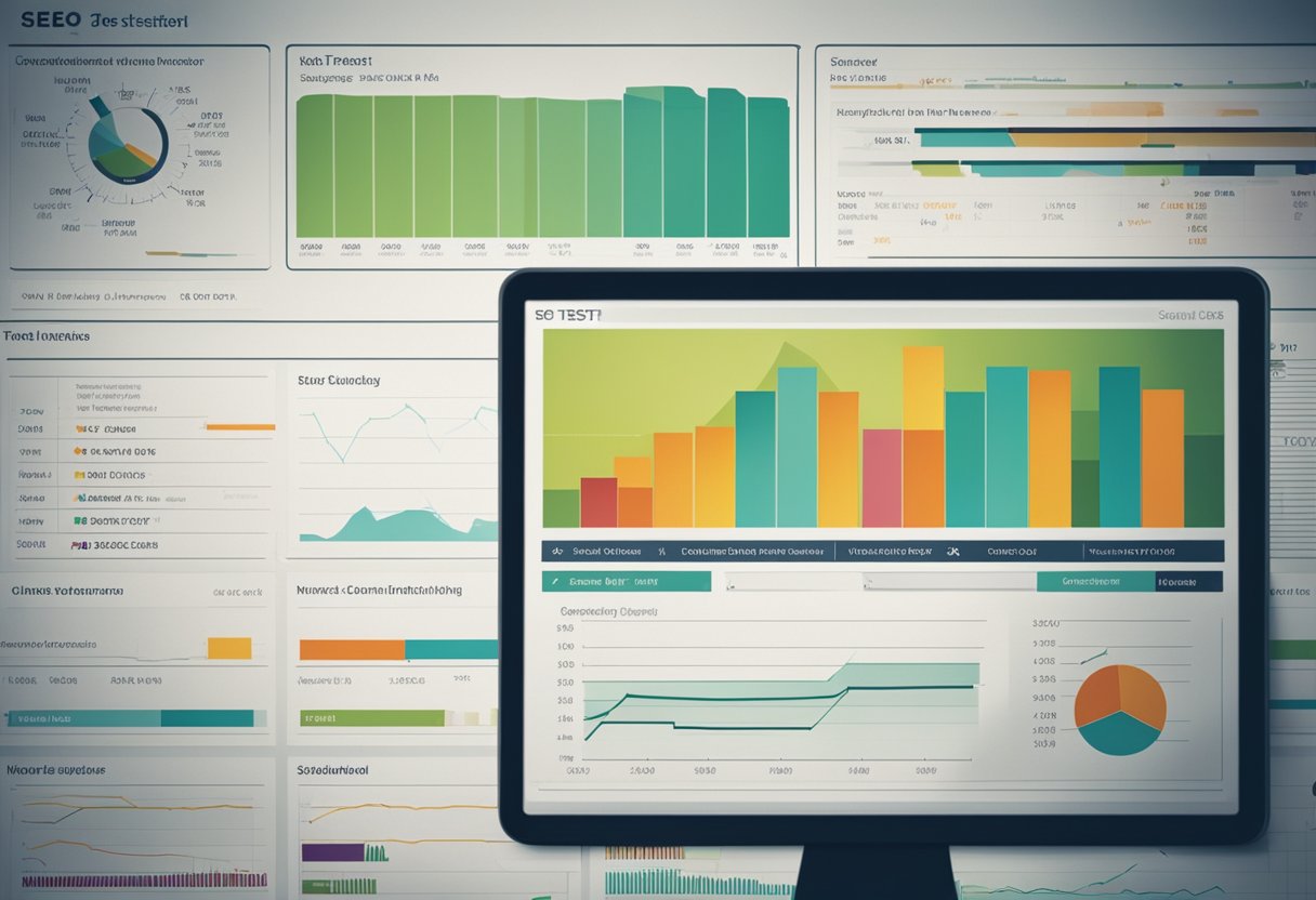 A computer screen displays SEO split test findings with charts and graphs