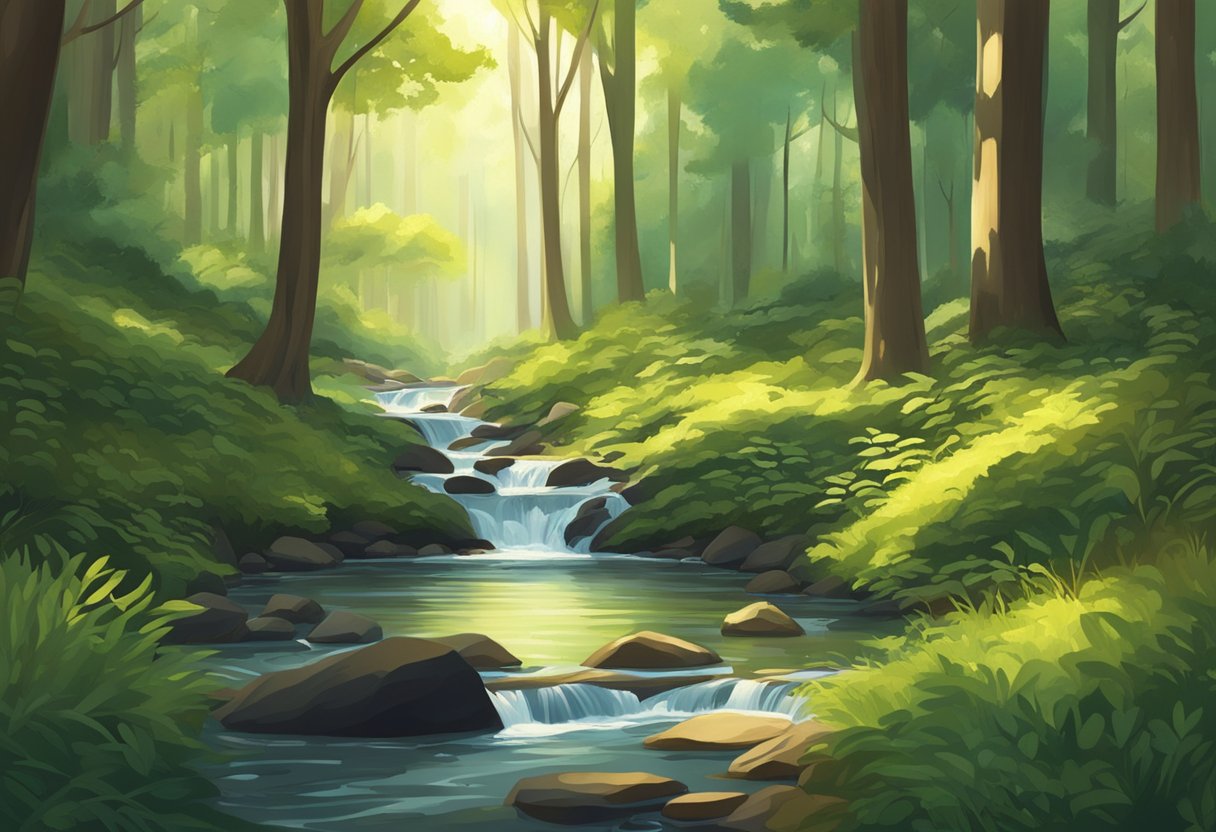 A serene forest clearing with a small stream flowing through, surrounded by tall trees and dappled sunlight filtering through the leaves