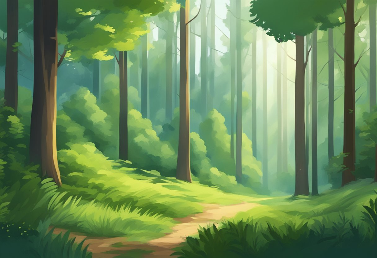 A forest with a small clearing, surrounded by tall trees and lush greenery, with a sense of tranquility and serenity