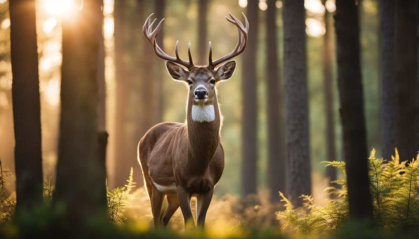 A majestic deer stands in a peaceful forest clearing, its head held high with an air of wisdom and grace. The sunlight filters through the trees, casting a warm glow on the serene scene