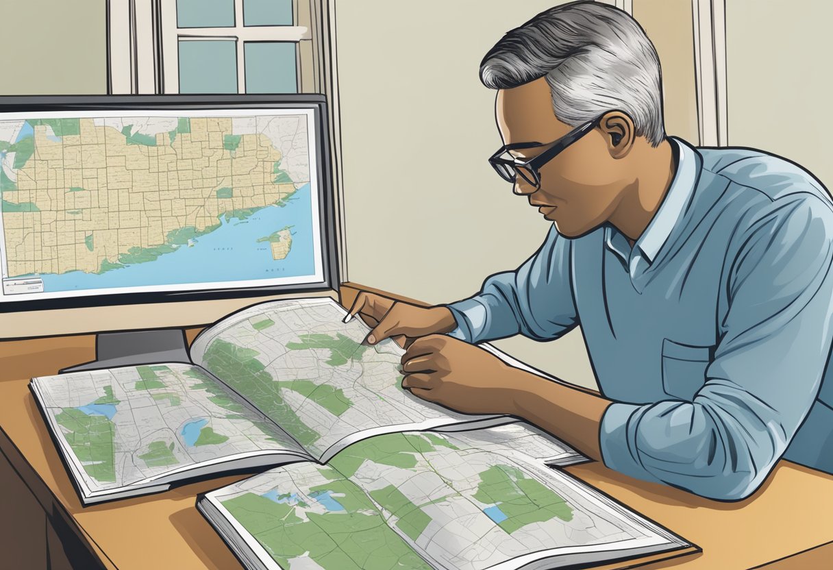 A person studying real estate books with Michigan state map in the background