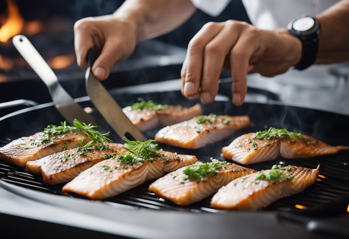 Fish fillets being seasoned with herbs and spices, then placed on a sizzling hot grill. A chef uses a spatula to flip the fillets as they cook to perfection