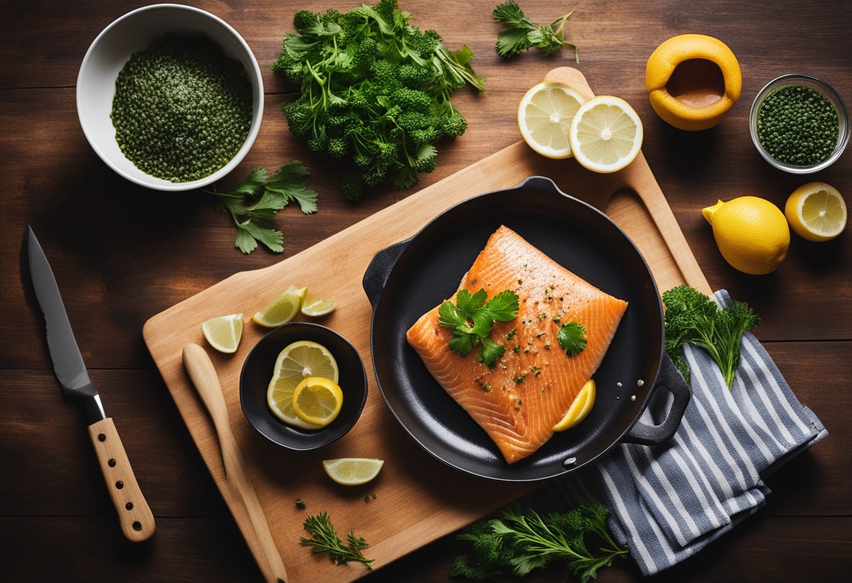 A cutting board with fresh fish, a sharp knife, a bowl of seasoning, and a skillet on a stovetop ready for fish meal prep