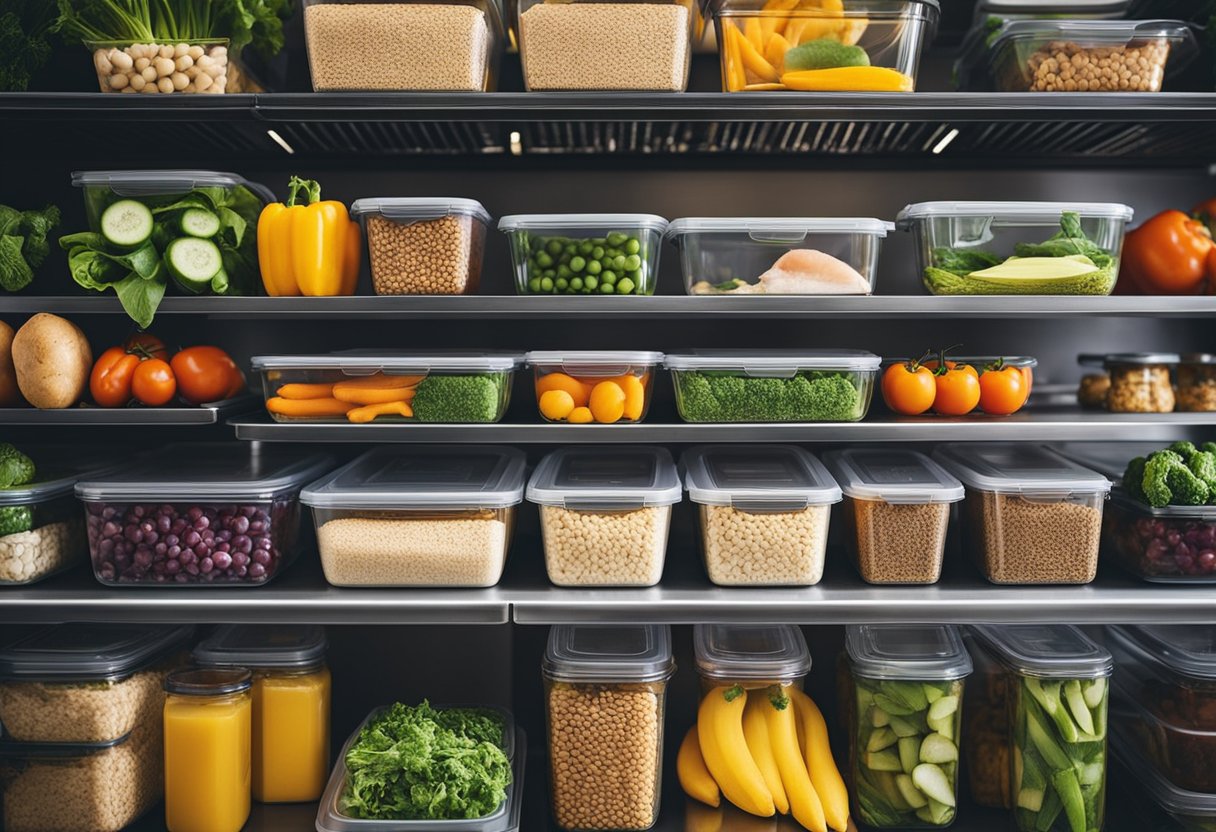 Colorful meal prep containers arranged with fresh fish, vegetables, and grains. Tips for organizing and labeling storage shelves