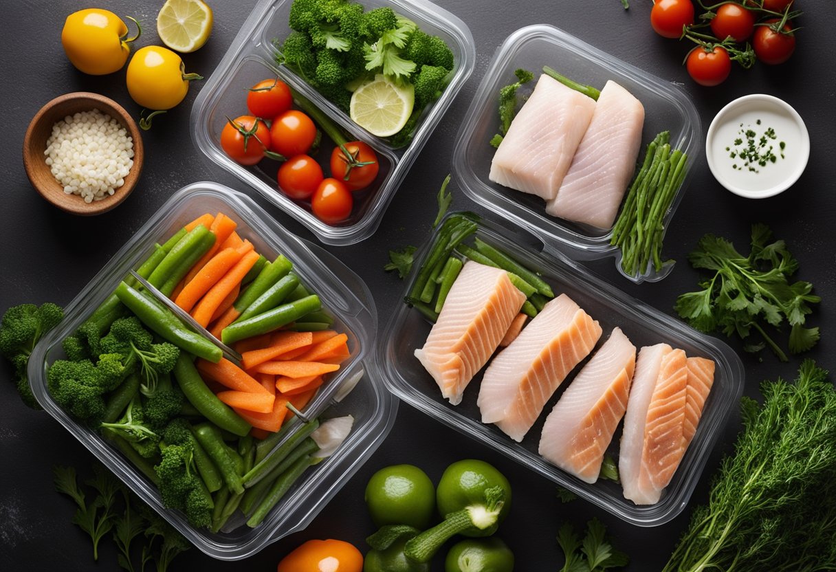 Fresh vegetables and herbs surround a cutting board with various fish fillets being seasoned and portioned into meal prep containers