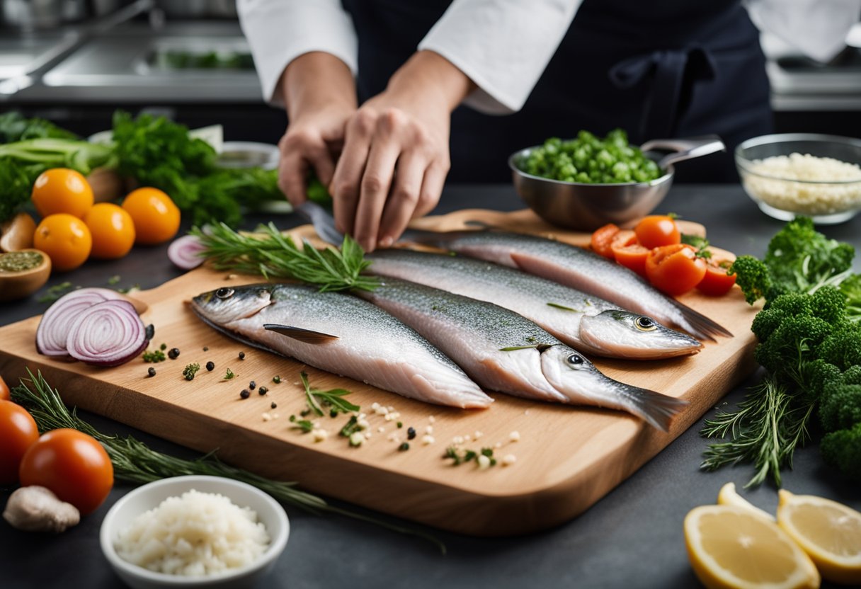 Fresh fish being filleted and portioned into individual servings. Various herbs and seasonings are laid out for seasoning the fish. A variety of vegetables are being chopped and arranged for roasting alongside the fish