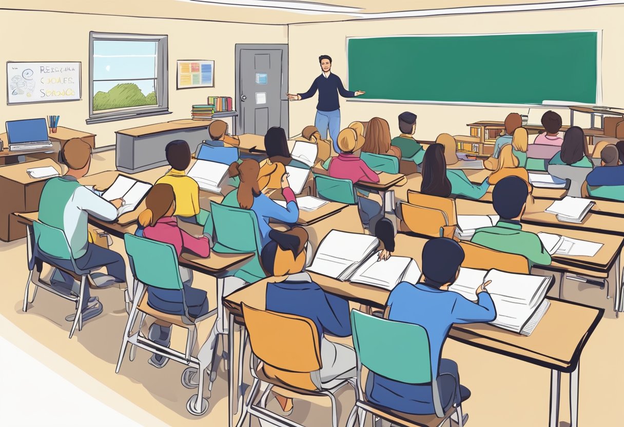 A bustling classroom with eager students, textbooks, and a whiteboard displaying "Best Real Estate Schools in Michigan" at the front