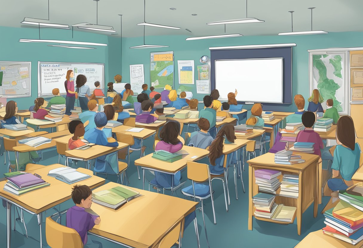 A bustling classroom filled with eager students, textbooks, and a whiteboard. A sign on the wall reads "Best Real Estate Schools in Michigan."