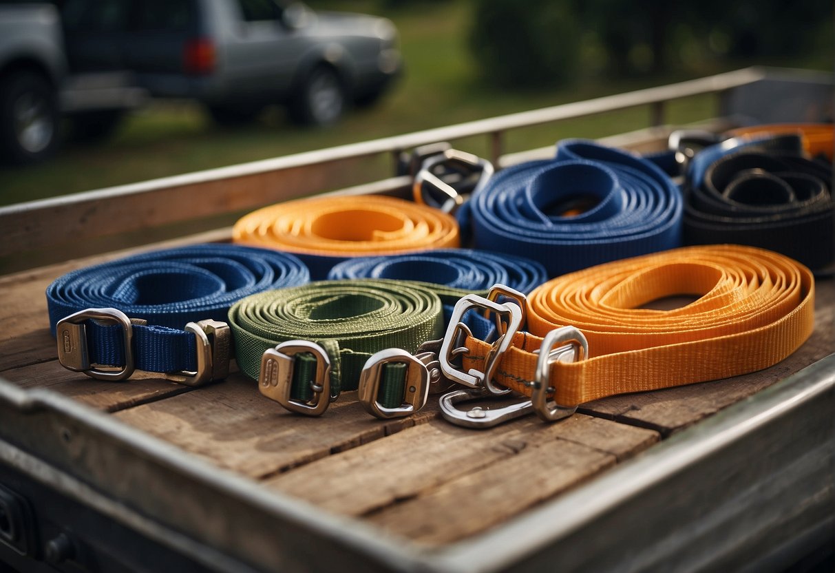A utility trailer with various tie-down options: ratchet straps, bungee cords, and cam buckle straps securing a variety of cargo such as lumber, furniture, and machinery