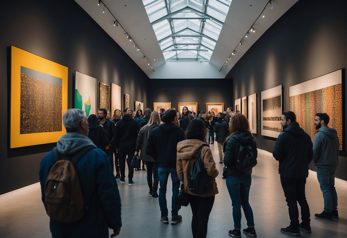 A bustling art gallery in Berlin, filled with vibrant contemporary artwork and visitors admiring the diverse pieces on display