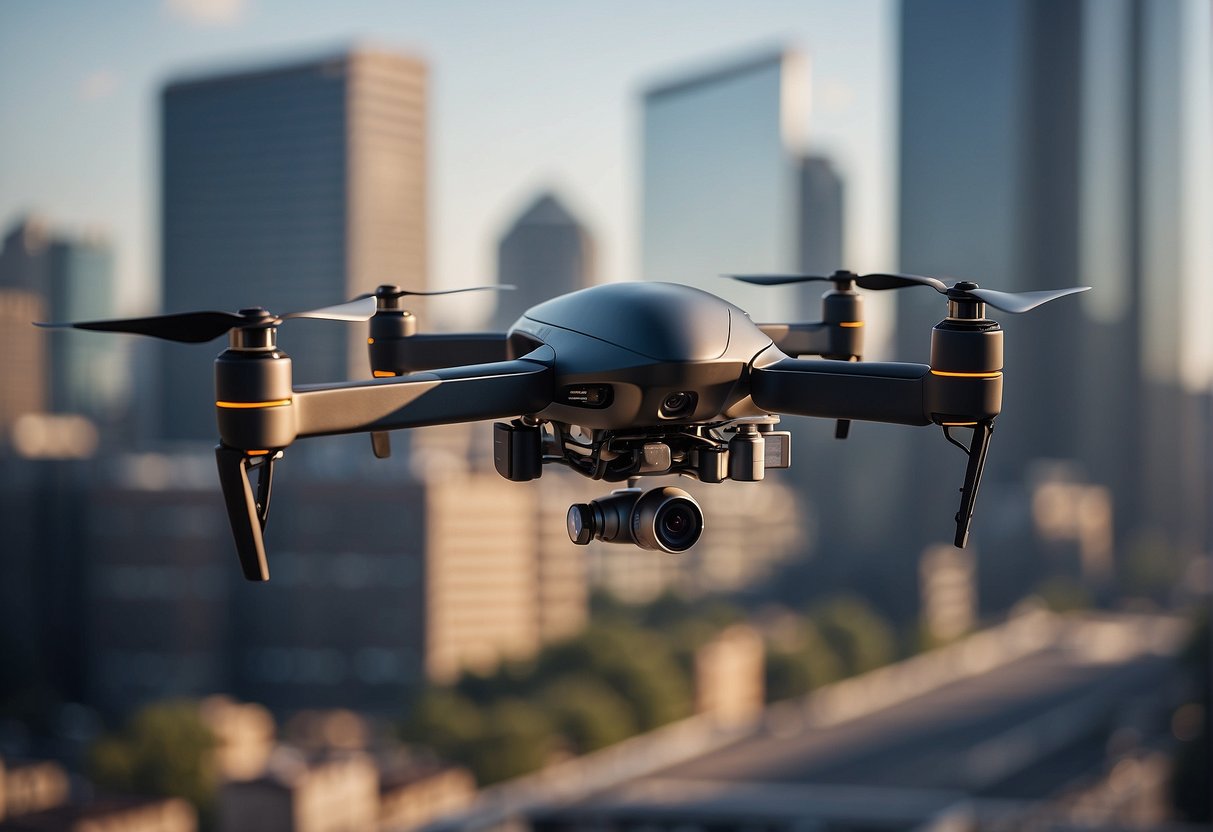 An autonomous drone hovers above a city skyline, its sleek design and propellers whirring as it scans the surroundings with precision