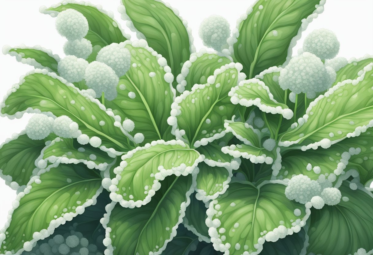 A green indoor plant covered in white fuzzy fungus