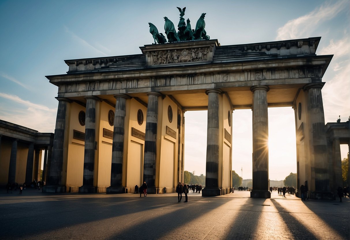 Tourists explore historic landmarks in Berlin, including the Brandenburg Gate and Berlin Wall. Iconic buildings and monuments fill the cityscape