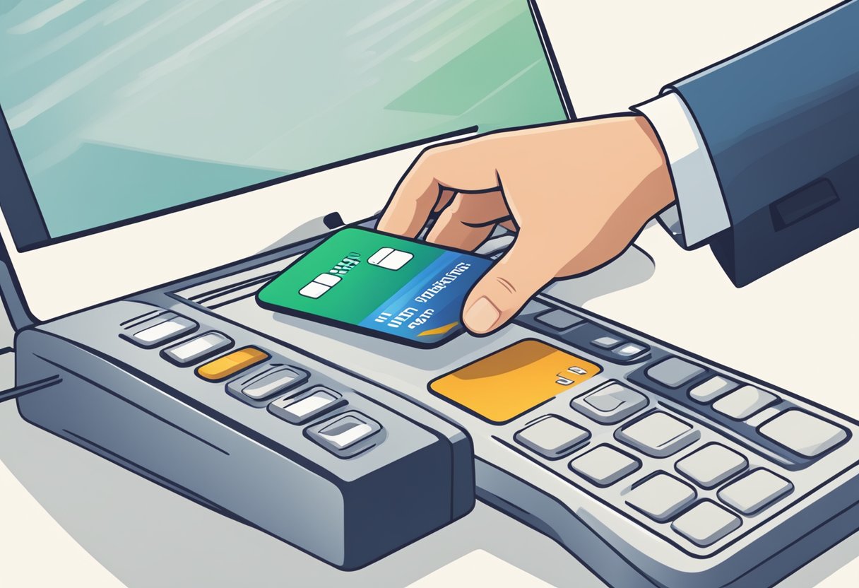A hand reaches for a digital interface, selecting between ACH and credit card processing options for a business