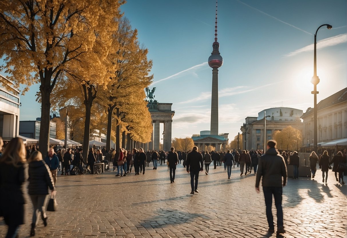 People shopping, dining, and enjoying entertainment in Berlin. Landmarks like the Brandenburg Gate and Berlin TV Tower could be included