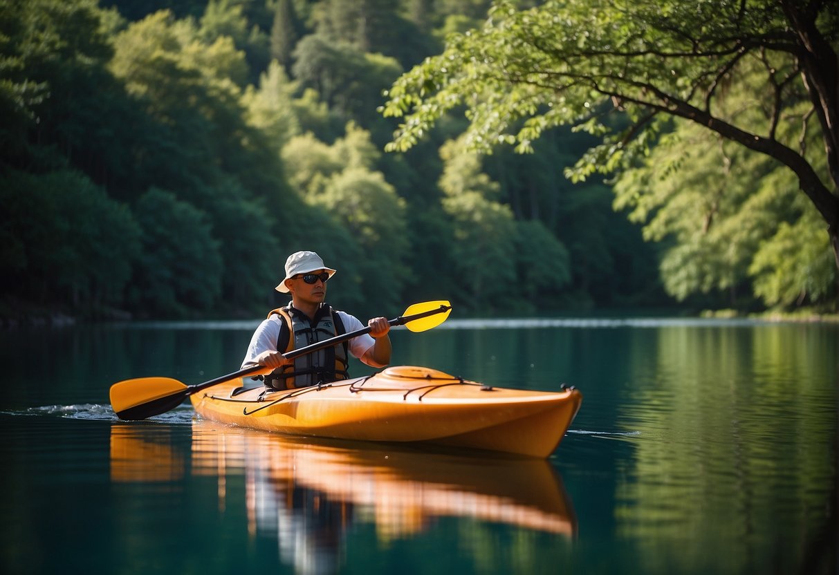 A Kaku Kayak model sits on a calm lake, surrounded by lush green trees and a clear blue sky. The kayak's sleek design and vibrant colors stand out against the tranquil natural backdrop