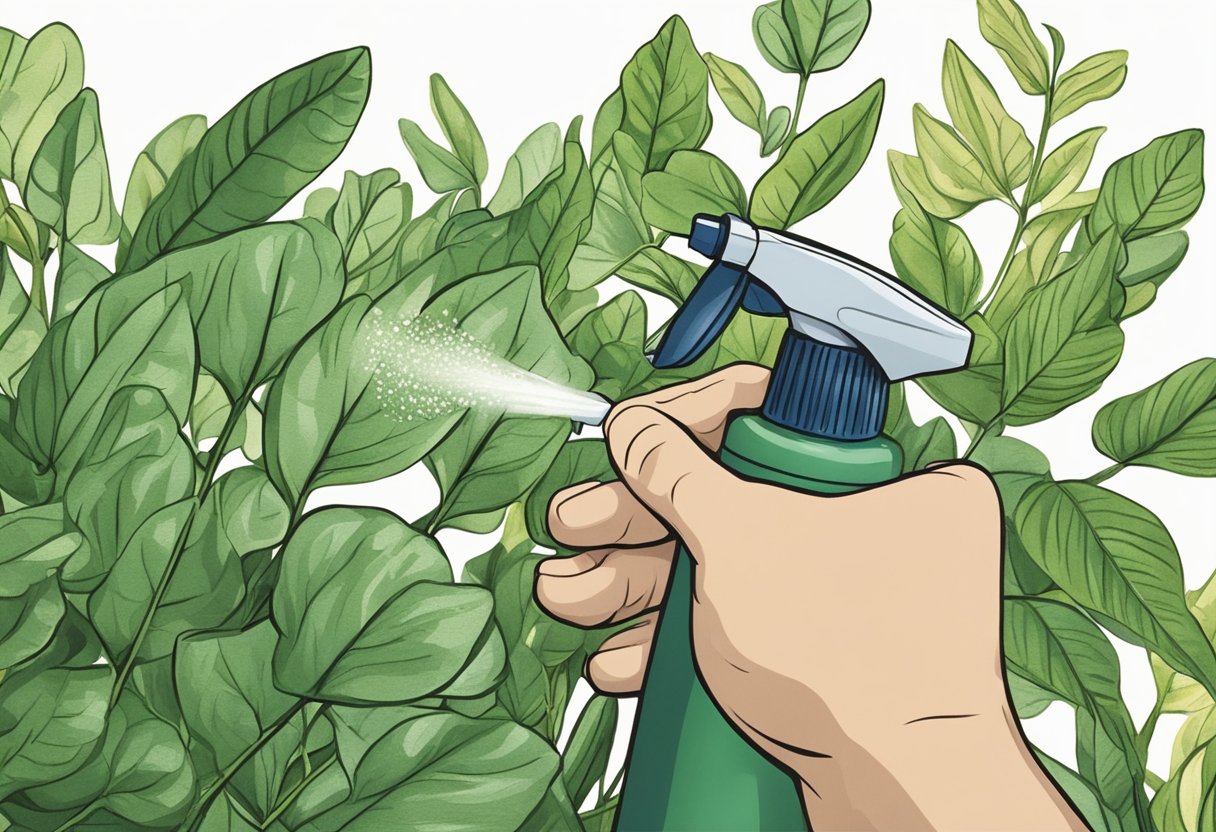 A hand holding a spray bottle, applying copper fungicide to a leafy plant