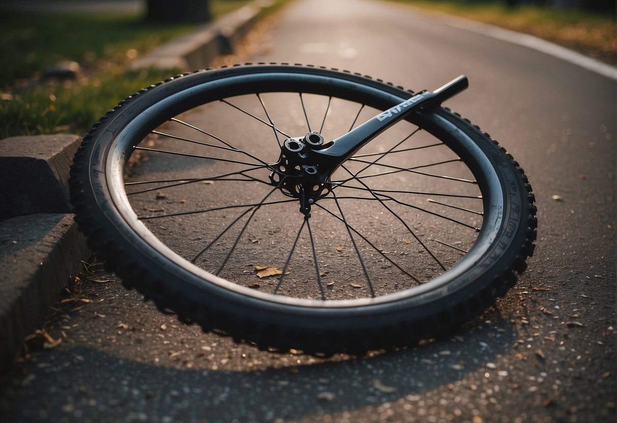 A bike rim with spokes and tire, resting on a clean, well-lit surface