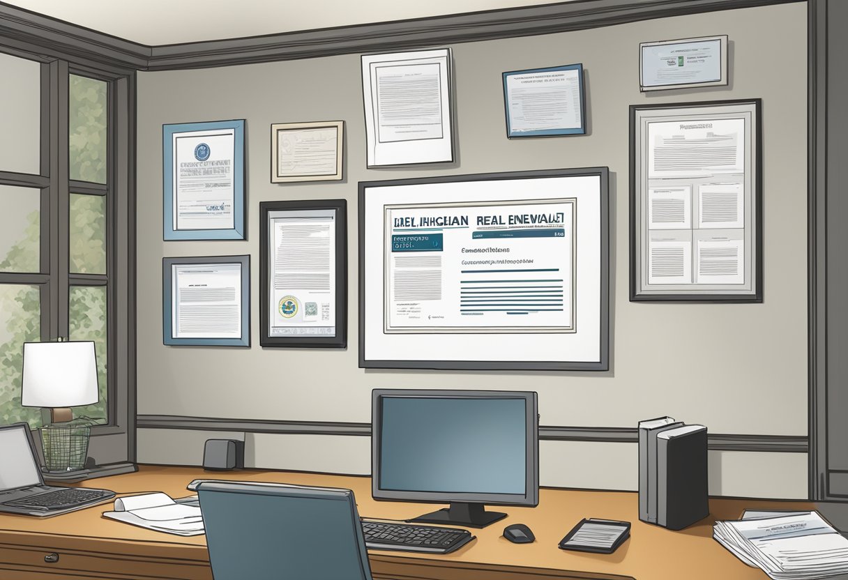 A Michigan real estate license certificate hanging on a wall, surrounded by legal documents and a computer displaying renewal information