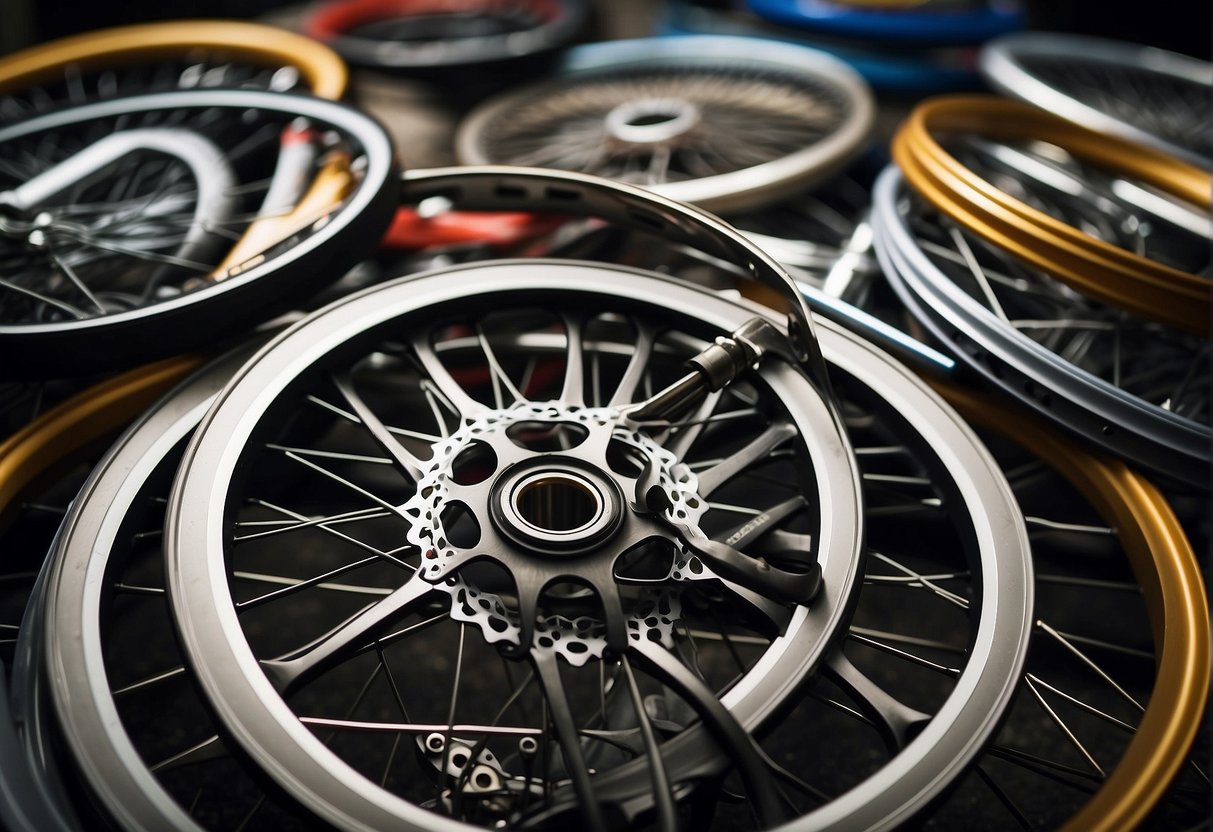 A variety of bike rims in different sizes and materials arranged on a table