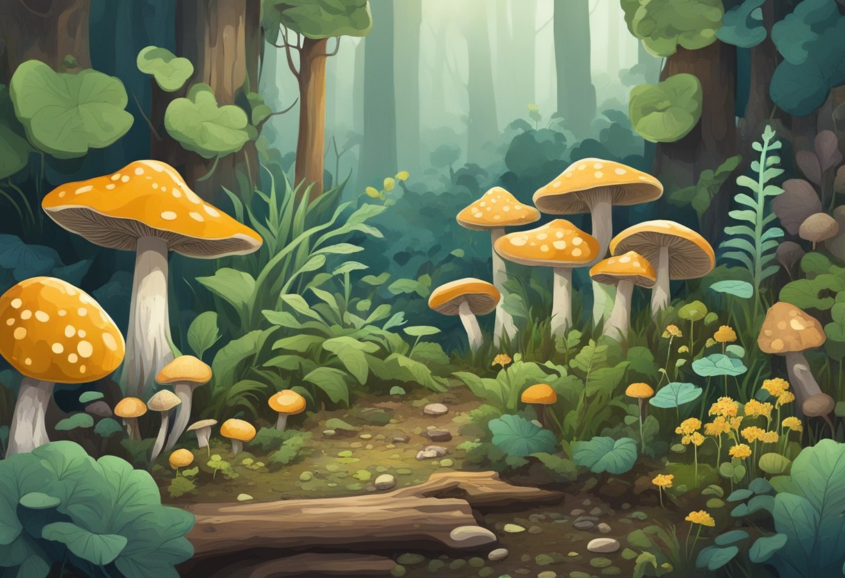 Lush garden with various fungi growing on damp soil and decaying wood. Diverse shapes, sizes, and colors. Surrounding plants show signs of disease