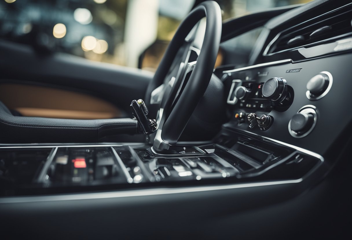 A car's neutral safety switch wired into the transmission, with electrical connections and wiring diagram nearby