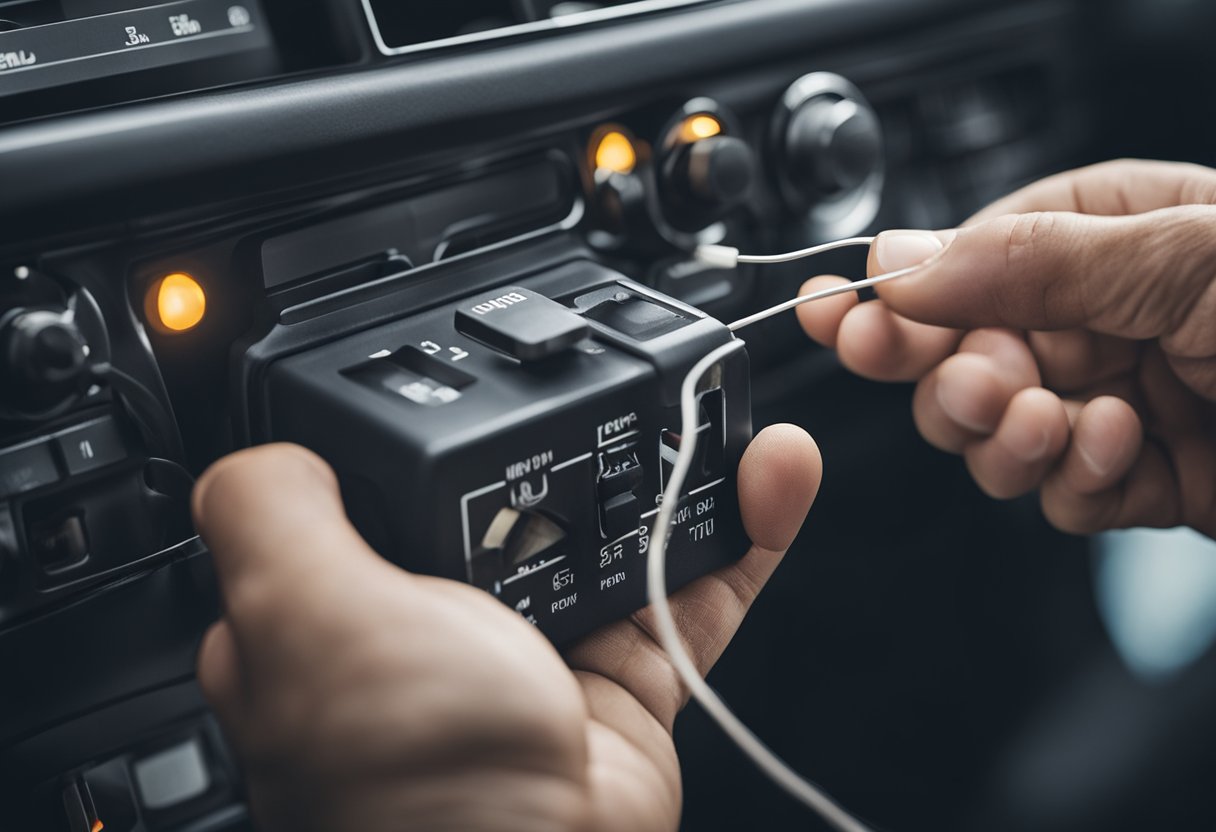 A hand holding a wire, connecting it to a neutral safety switch on a vehicle's transmission, with clear labeling of each connection point