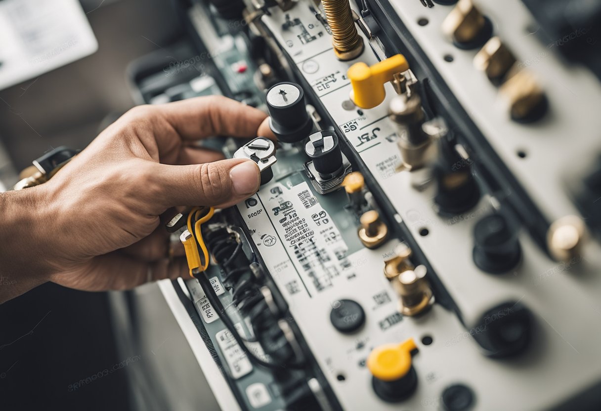 A hand reaching for a neutral safety switch on a wiring diagram, with a toolbox and wire spools nearby