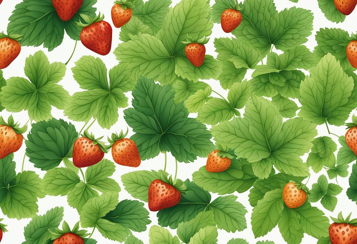 The strawberry leaves are dotted with small, round spots of varying sizes and shades of brown, creating a speckled pattern across the green surface