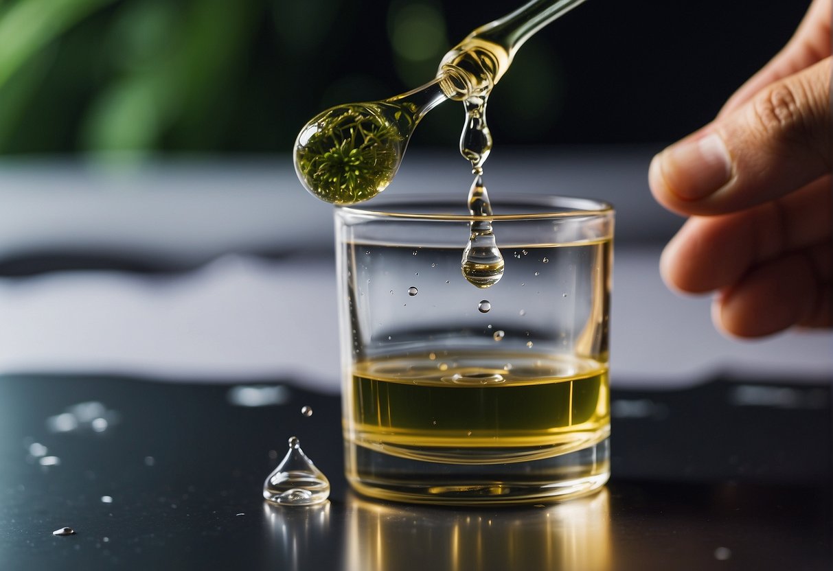 A dropper releasing CBD oil into a glass of water, creating ripples