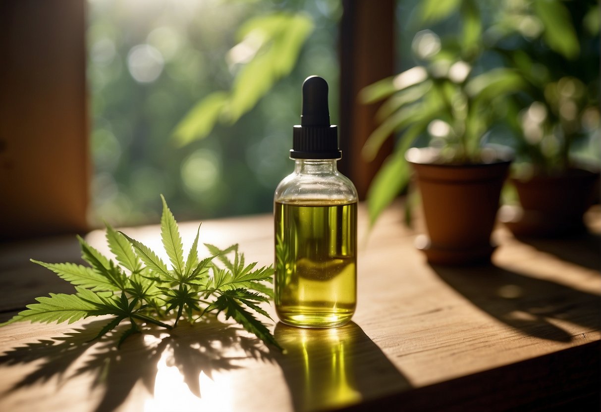 A clear glass bottle of CBD oil sits on a wooden table, surrounded by green leafy plants. A gentle beam of sunlight shines through the window, casting a warm glow on the bottle