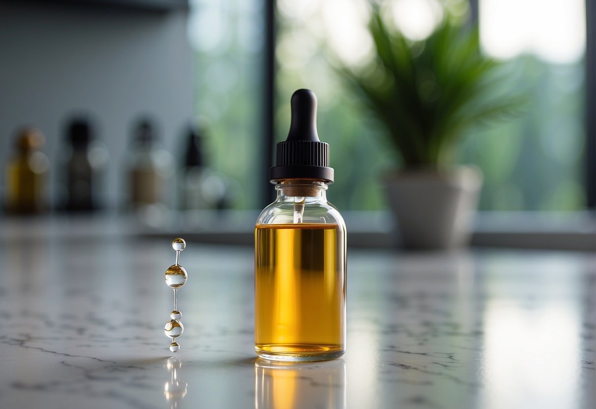 A bottle of CBD drops sits on a clean, white countertop. A dropper is suspended above the bottle, ready to dispense the liquid
