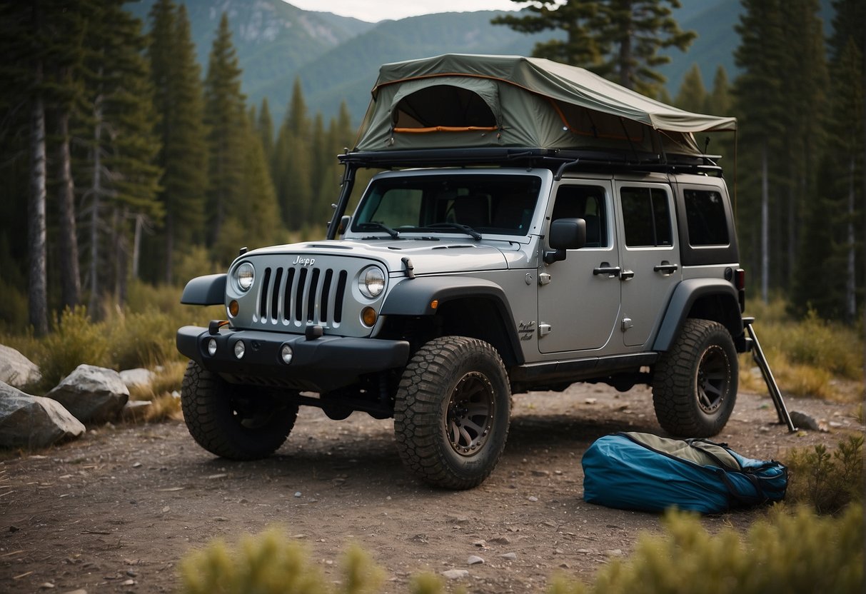 A person sets up a Jeep camping tent in a scenic wilderness spot. The tent is attached to the back of the Jeep, with the hatch open and gear spilling out